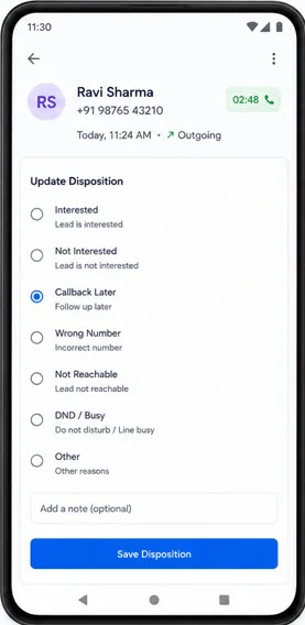 Cratio Android app — Update Disposition screen with radio options and Save Disposition button