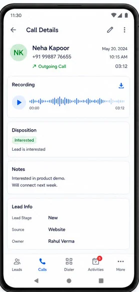 Cratio Android app — Call Details screen with recording player, disposition, notes and lead info